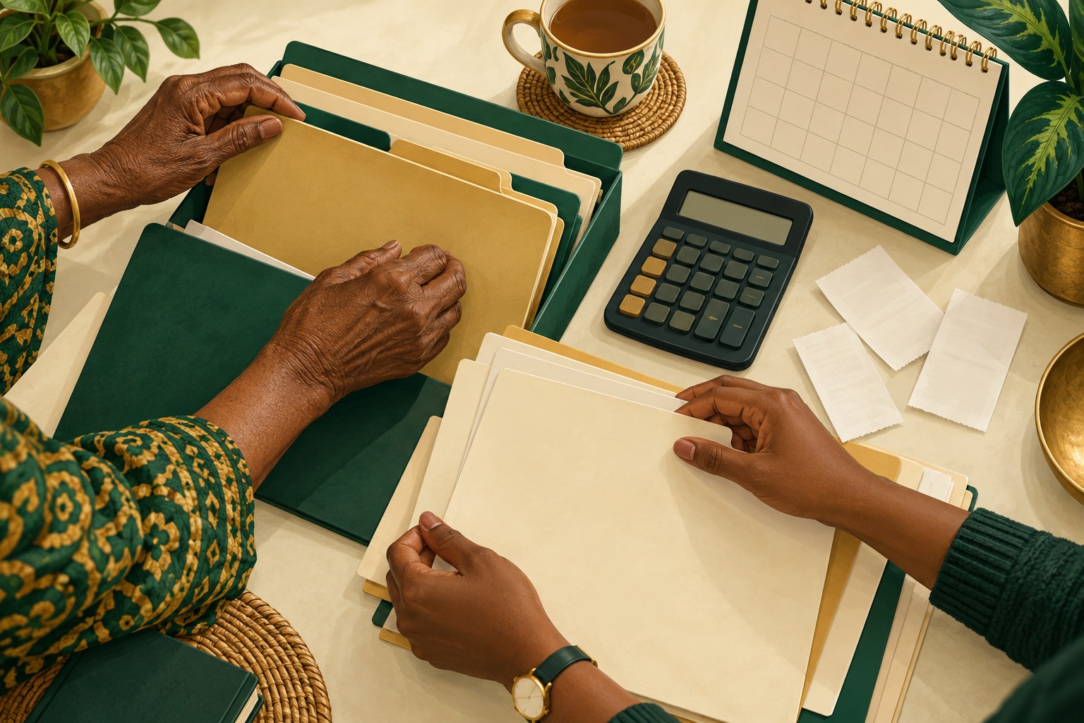 Conceptual illustration of family members organising blank folders and a household expense file.