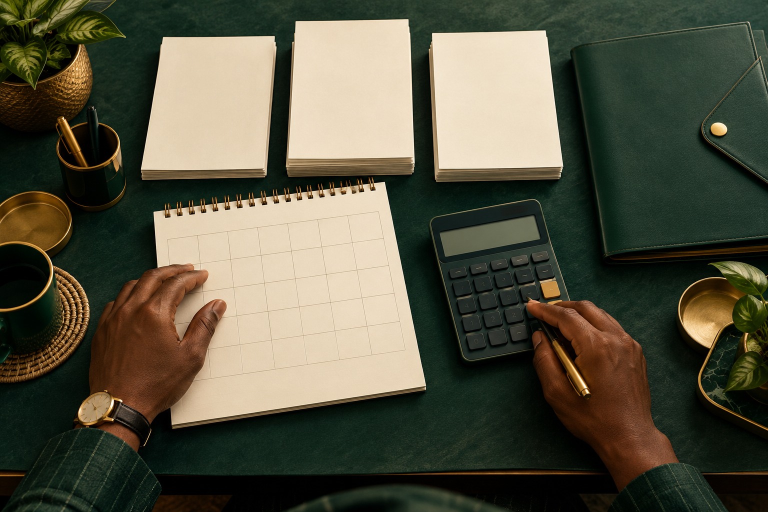 Conceptual illustration of hands checking a blank calendar and quotation papers beside a calculator.