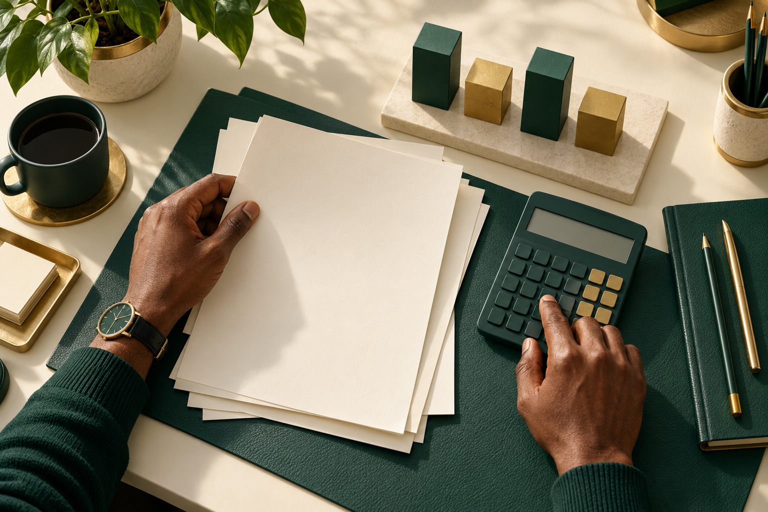 Conceptual illustration of hands reconciling blank investment papers and cash-flow blocks beside a calculator.
