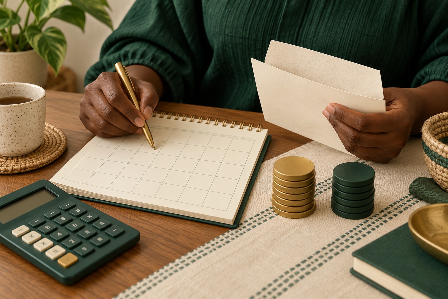 Conceptual illustration of hands checking blank calendar papers and an envelope beside separate green and gold payment tokens.
