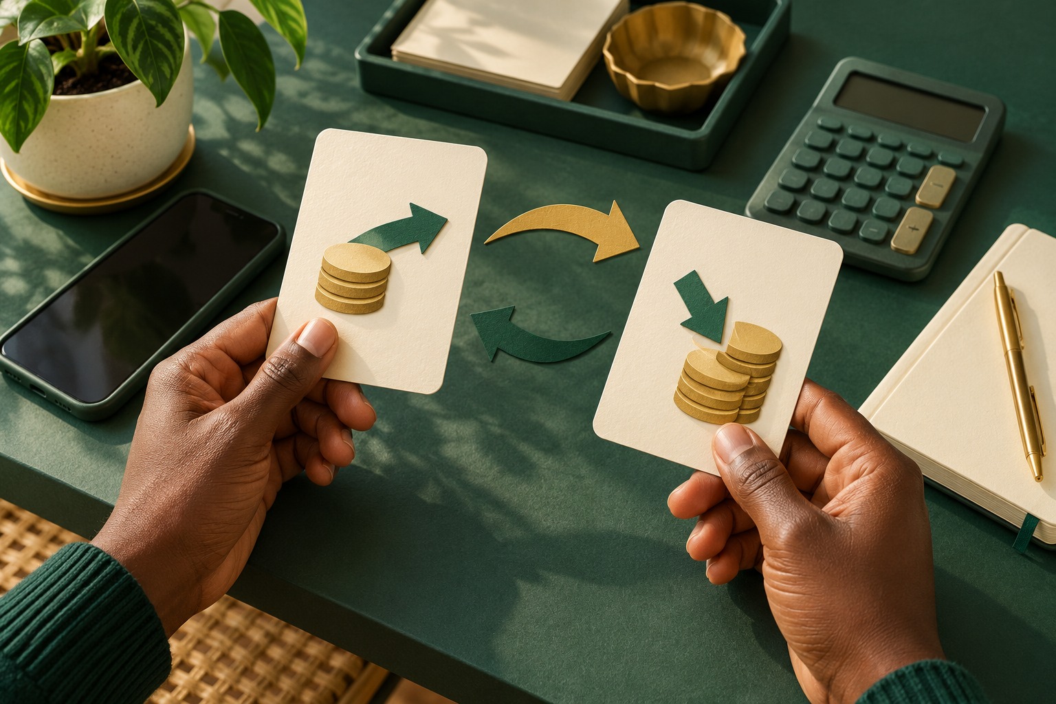 Conceptual illustration of hands comparing two blank quote cards beside a phone, calculator and notebook.